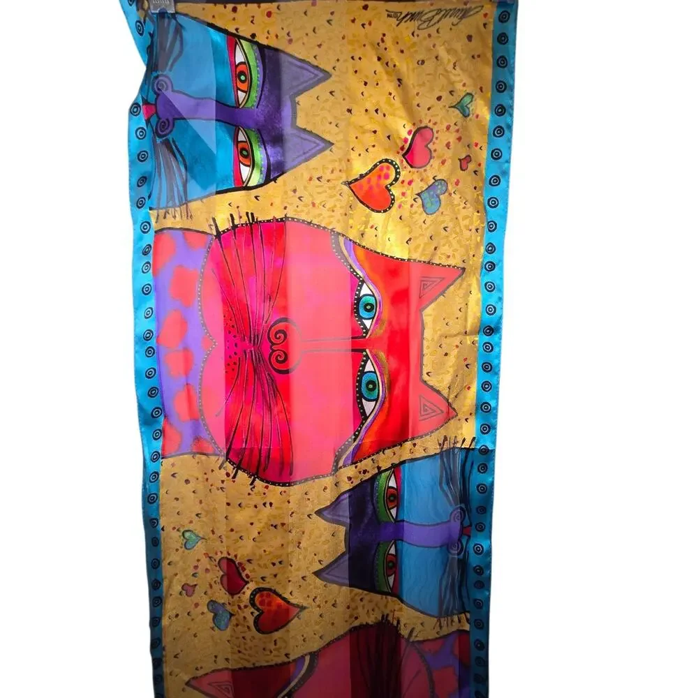 Laurel Burch 100%‎ Silk Cat Scarf Colorful Boho Whimsigoth Wearable Art